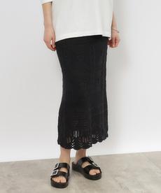 クロッシェ編み風ニットナロースカート【洗濯機洗い可】