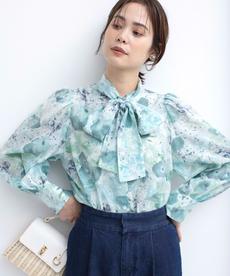 【前後着用可】ピオニーシフォンプリント ボウタイブラウス