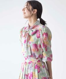 【前後着用可】ピオニーシフォンプリント ボウタイブラウス